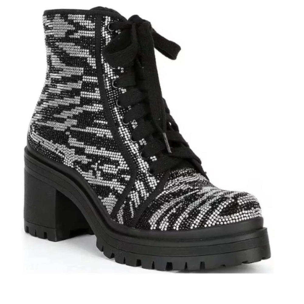 Gianni Bini Bright-Side Zebra Rhinestone Lug Sole Platform Combat Boots size 7.5